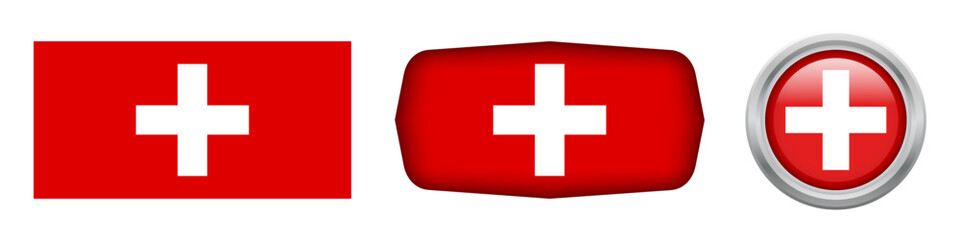 Fototapeta premium Switzerland national flag in three versions rectangular, ellipse and round flag on white background. vector illustration
