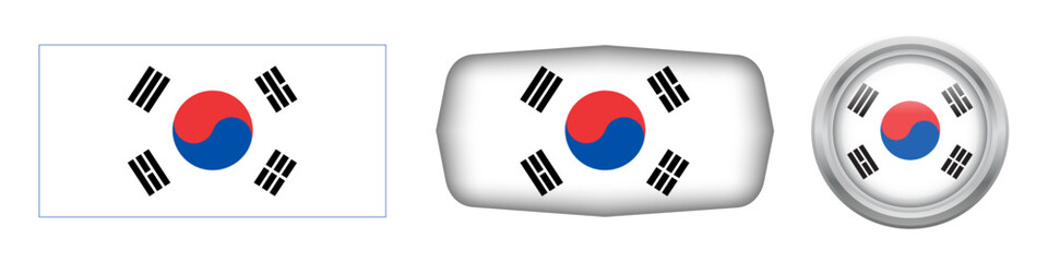 South korea national flag in three versions rectangular, ellipse and round flag on white background. vector illustration