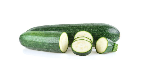 Fresh green zucchini with slice isolated on white background.