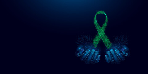 Mental health awareness month concept. Two human hands are holds green ribbon awareness. Abstract vector illustration on dark blue background.