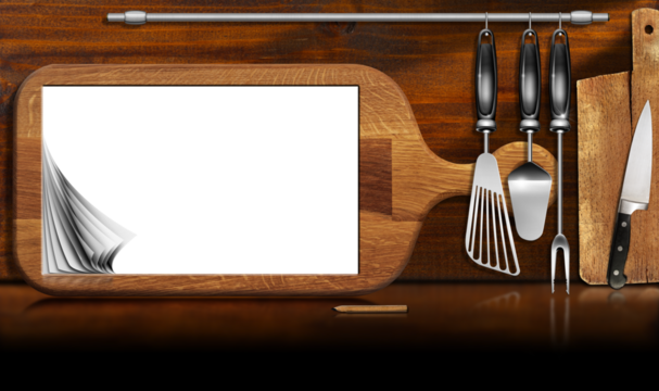 Old cutting board with empty curled pages (white or transparent) on a kitchen counter with kitchen utensils. Template for recipes or food and drink menu, png.