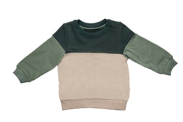 Autumn and winter children clothes. A two tone green beige cozy warm sweater or pullover isolated...