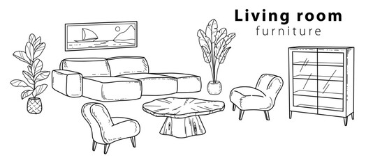 Hand-drawn interior items vector doodle. Big Cosy living room with sofa, wardrobe, painting and plants. Vector illustration.