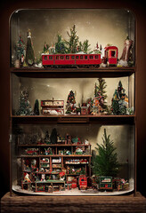 AI generated image of a cabinet with various Christmas related articles like toys, dioramas, doll houses, gifts, etc