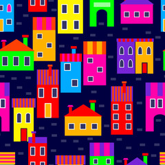 Bright colorful cute houses. Abstract cityscape. Seamless vector pattern.