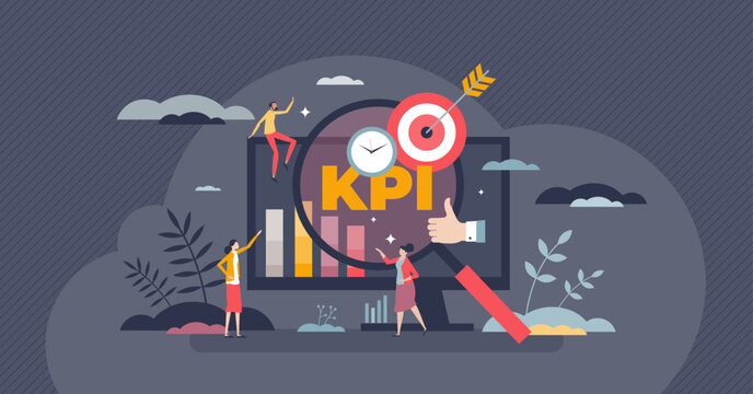 KPI or key performance indicator as performance measure tiny person concept. Data evaluation for organization success and activity improvement vector illustration. Company target or goal measurement.