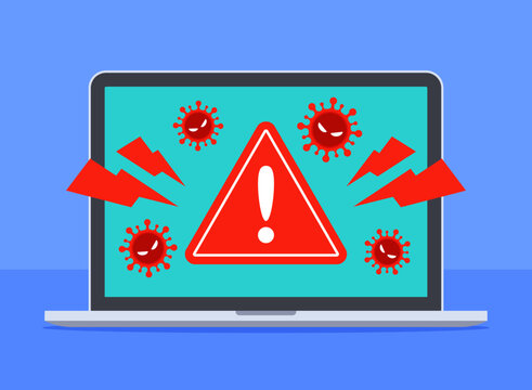 System alert warning about computer viruses in laptop. Technology threat of virus, malware, ransomware, trojan, or hacking. Cybercrime or antivirus concept. Flat cartoon vector icon illustration.