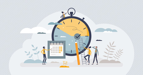 Efficiency with productive process time management tiny person concept. Teamwork and precise schedule with tasks as productivity and effective work vector illustration. Monthly priority planning. - obrazy, fototapety, plakaty