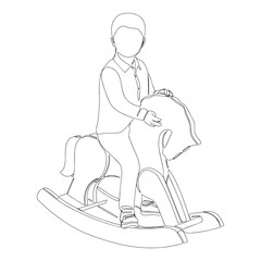 Funny little boy on a wooden rocking horse. Continuous drawing with one line. Vector illustration isolated on a white background.