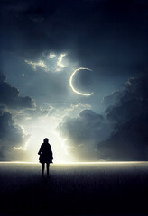 Fototapeta premium Horizontal shot of a fearless woman goes into adventure at sun rise 3d illustrated