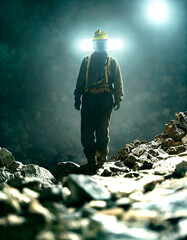 Fototapeta premium Horizontal shot of a Miner continues to work after collapse without fear, alone 3d illustrated