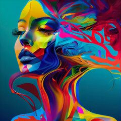 Striking digital artwork of a woman's profile with flowing, multicolored waves as hair. Ideal for designs emphasizing creativity, beauty, and fluid motion. generative ai    