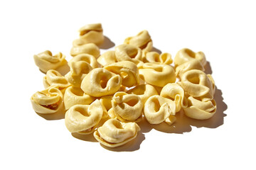 Tortellini pasta isolated on white background. Fresh Tortellini with raw prosciutto. Italian stuffed pasta