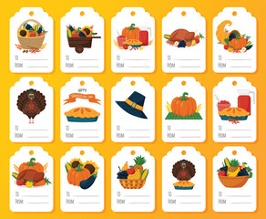 Thanksgiving Gift Tag Set. Ready-to-print label postcards with illustrations and words To, From. Flat vector illustrations on white background.