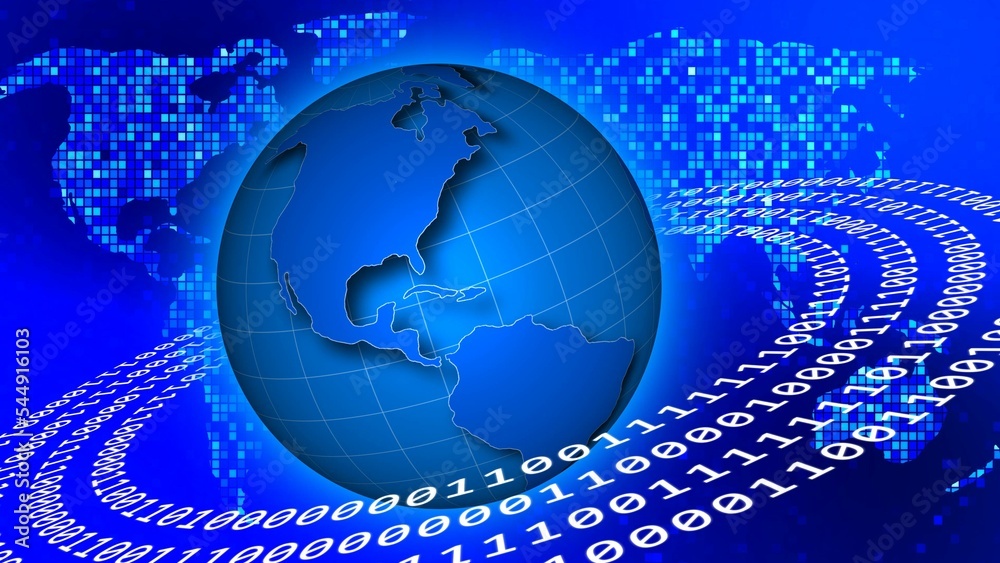 Poster binary code circles around earth on background as stylized world map made of blue square elements - 