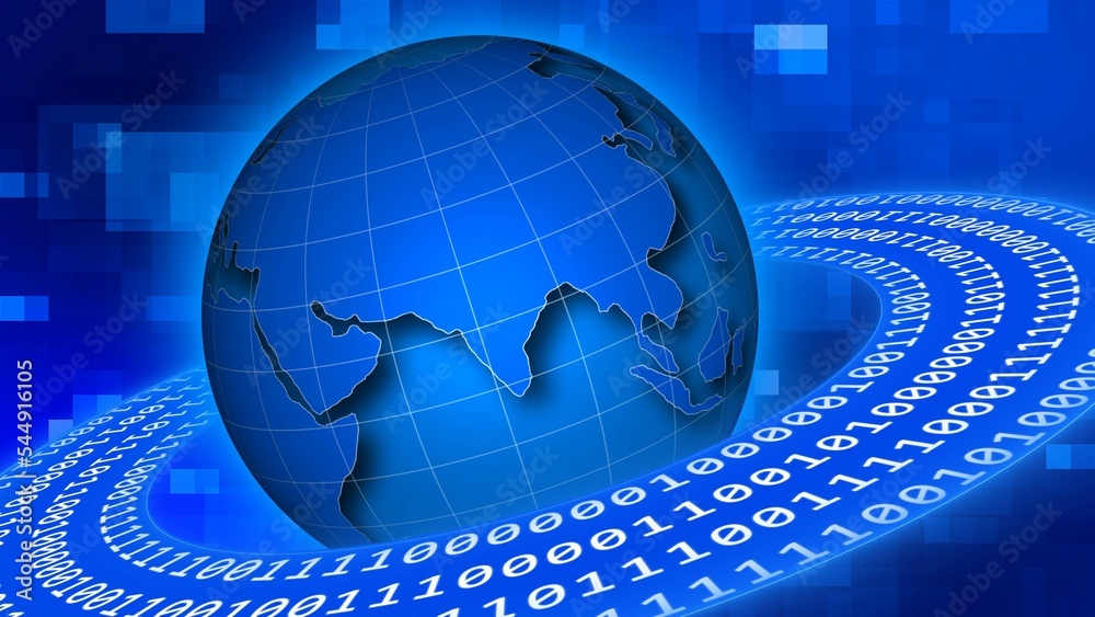 Poster binary code circles around earth on abstract background from square elements - 3d illustration