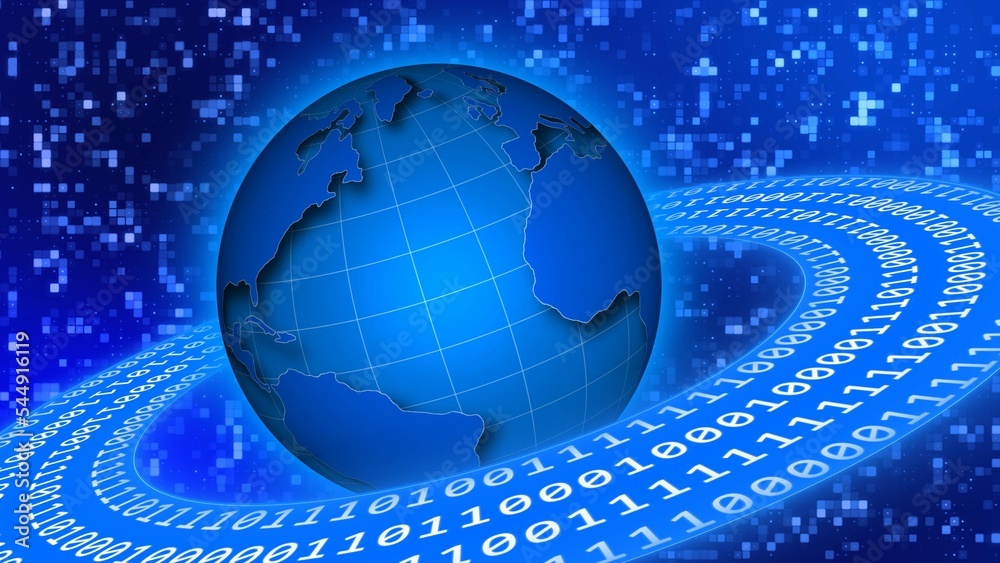 Poster binary code circles around earth on abstract background from square elements - 3d illustration
