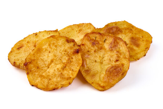 Fried Potato slices, isolated on white background. High resolution image.