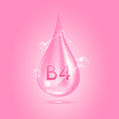 Vitamins B4 collagen serum water drop isolated on dark background. Solution complex pink with molecule oxygen bubbles surround. Beauty skincare cosmetics. Medical concepts. 3D Realistic Vector.