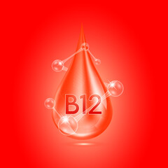 Vitamin B12 collagen serum water drop isolated on dark background. Solution complex red with molecule oxygen bubbles surround. Beauty skincare cosmetics. Medical concepts. 3D Realistic Vector.