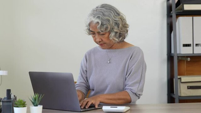 Senior mature business woman using calculator, old lady managing account finance, calculating money budget tax, planning banking loan debt pension payment sit at home