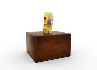 Comorian franc notes inside wooden savings box. Generic savings Bank, Penny Bank, Money Box. 3d rendering