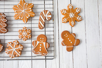 Gingerbread cookies on the white wooden table