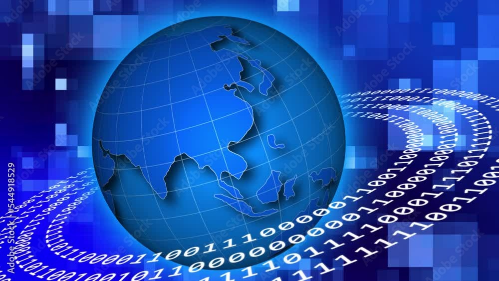 Poster Animated Binary Code circles around earth on abstract background from moved square elements