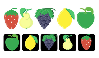 Fruits and berries, fruits in a black square, color drawings, icons on a transparent background, for design and print