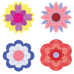Collection of flat vector cartoon flowers. Set of silhouettes isolated on white background. Bright icons for design, printing, stickers, scrapbooking. Cute, simple style. Daisy, aster.