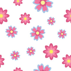 Seamless vector pattern with cute cartoon flowers. Flat illustration with pink daisies. Clipart for design, print, packaging. Summer, spring style.