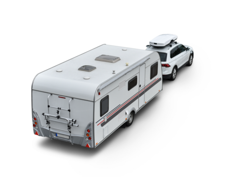 caravan trailer with vehicle on isolated background (static or standing)