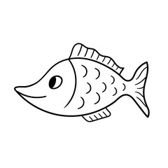 Sea fish. Black color outline isolated on white background. Cute cartoon fish. Hand drawn contour line icon. Sea animal pattern. Marine doodle. Sketch ocean fish. Pisce drawing. Vector illustration