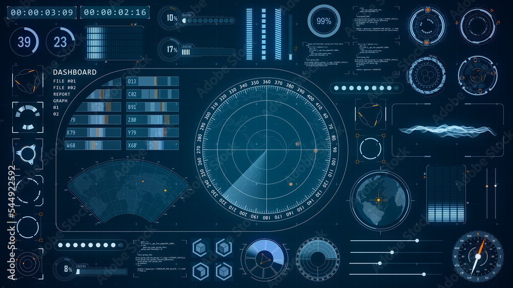 Poster blue color sonar radar screen searching an object with futuristic head up display ( hud ui ) technol