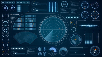Blue color sonar radar screen searching an object with futuristic head up display ( HUD UI ) technology interface screen and chat panel abstract background