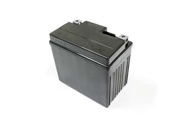 Motorcycle battery on white background, Car maintenance service.