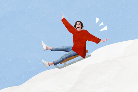 Creative photo 3d collage artwork poster postcard of overjoyed crazy woman rejoice winter happy time isolated on painting background