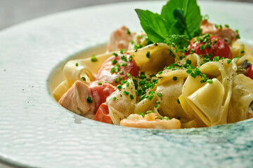 Pasta with salmon and vegetables in a plate. Selective focus, close-up