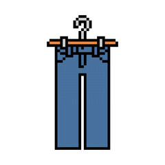 Pixel art symbol of jeans or blue denim pants on a hanger isolated on white background. Fashion clothes icon. Old school retro vintage 90s, 80s 8 bit slot machine, 2d video game graphics.