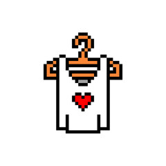 Pixel art white sleeveless shirt with a heart symbol on a hanger isolated on white background. Women's fashion. Female clothes icon. Retro vintage 90s, 80s 8 bit slot machine, 2d video game graphics.