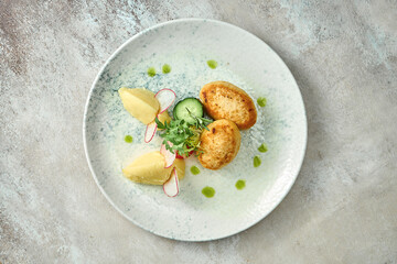 Diet mashed potatoes and turkey cutlets in a plate. Close-up, selective focus.