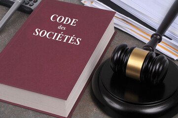 Livre du code des sociétés avec un marteau de juge