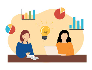 Woman study statistics and come up with new ideas. Company employees discussing business strategy