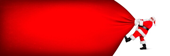 Creative horizontal photo 3d collage artwork poster postcard of old man grandpa hold huge big bag isolated on painting background