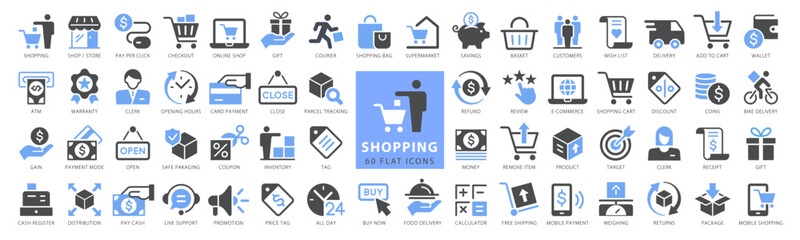 Shopping icons 100, set shop sign e-commerce for web development apps and websites, full vector collection