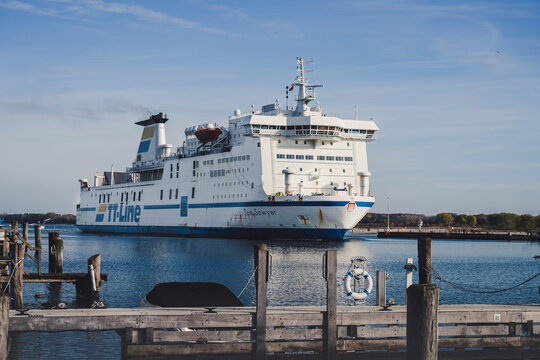 Travemünde, Germany - 10 26 2022: TT-Line ferry at the entrance to Travemünde