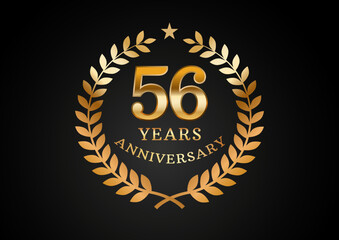 Vector graphic of Anniversary celebration background. 56 years golden anniversary logo with laurel wreath on black background. Good design for wedding party event, birthday, invitation, brochure, etc