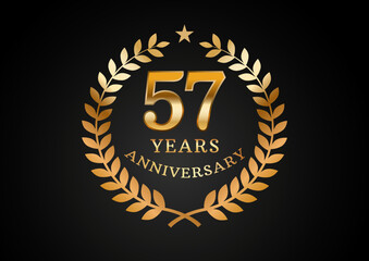 Vector graphic of Anniversary celebration background. 57 years golden anniversary logo with laurel wreath on black background. Good design for wedding party event, birthday, invitation, brochure, etc