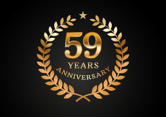Fototapeta premium Vector graphic of Anniversary celebration background. 59 years golden anniversary logo with laurel wreath on black background. Good design for wedding party event, birthday, invitation, brochure, etc