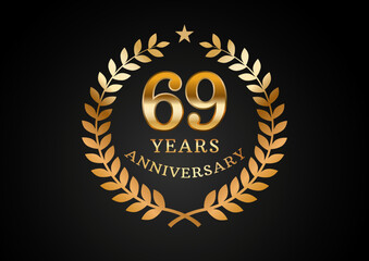 Vector graphic of Anniversary celebration background. 69 years golden anniversary logo with laurel wreath on black background. Good design for wedding party event, birthday, invitation, brochure, etc